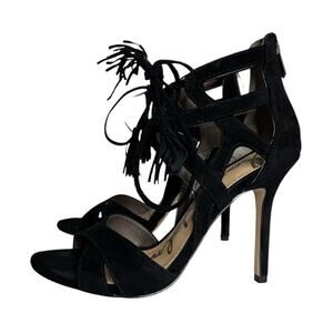 Sam Edelman Azela Black Suede Leather Tassel Lace‎ Up Heels Sandals Womens 7